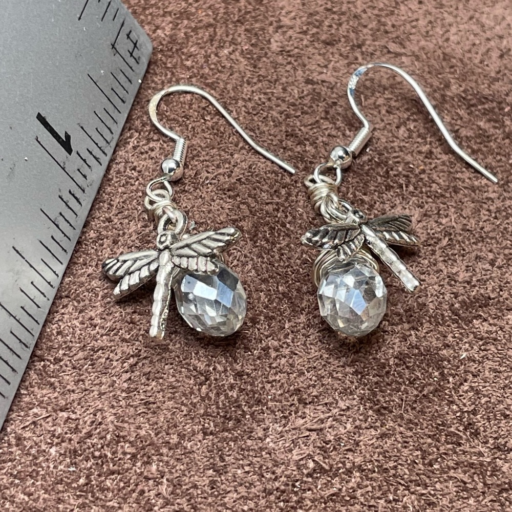 Handmade Silver Sparkling 
Crystal Dragonfly 
Earrings Boho Cottagecore - Picture 15 of 17